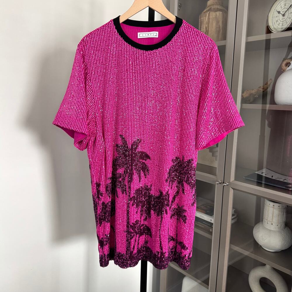 IN THE MOOD FOR LOVE Pink Black Palm Tree Sequin Shirt Dress XS Short Sleeve